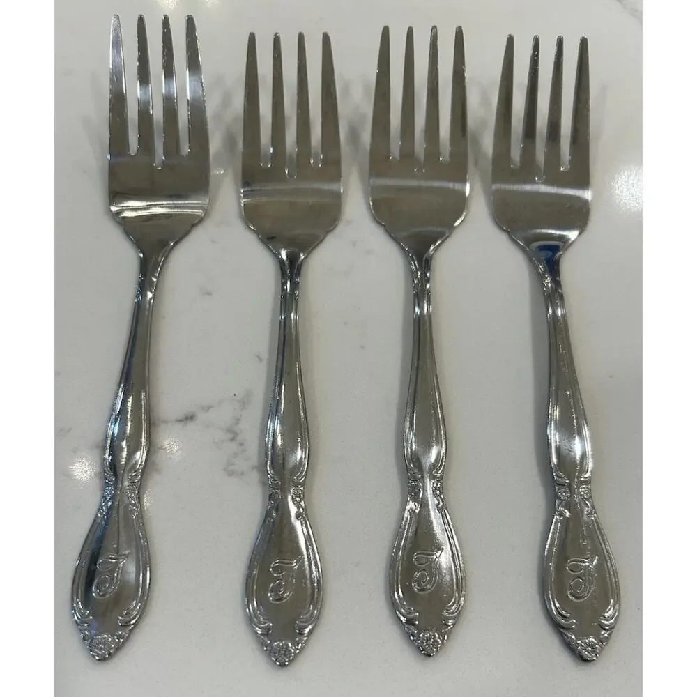 Vtg‎ Set of 4 Salad Forks “T” Monogram Custom Made Floral Stainless Flatware